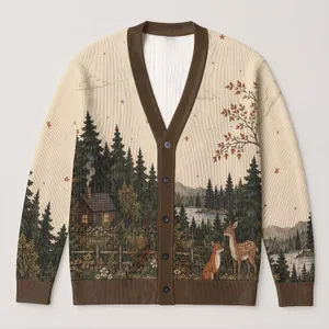 Woodland Fox Deer Rabbit Forest Scene for Cozy Autumn Cottagecore Nature Lovers All-over Print Knitted Cardigan