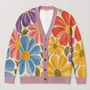 Colorful Daisy Bloom Motif for Cheerful Vacation Layering and Everyday Women’s Style All-over Print Knitted Cardigan