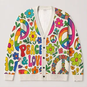 Colorful Peace and Love Floral Motifs for Relaxed Spring Layering and Weekend Style All-over Print Knitted Cardigan