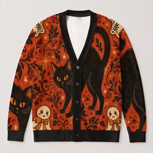 Halloween Gingerbread Friends And Black Cat For Cozy Autumn Outings And Vacations All-over Print Knitted Cardigan