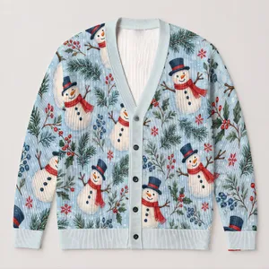 Snowman Pine Branch Scene for Festive Holiday Layering and Winter Gatherings for Women All-over Print Knitted Cardigan