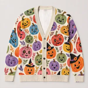 Colorful Pumpkin Lantern Faces for Autumn Halloween Gatherings and Cozy Vacation Dates All-over Print Knitted Cardigan