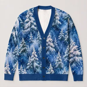 Blue Watercolor Winter Evergreen Trees for Holiday Snow Days and Cozy Layering Style All-over Print Knitted Cardigan