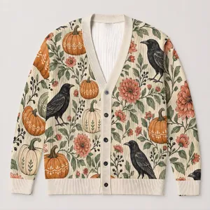 Pumpkin Crow Floral Autumn Halloween Cozy Everyday Layering Gift For Women And Teens All-over Print Knitted Cardigan