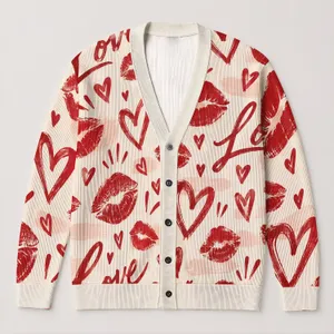 Red Lipstick Kisses And Love Hearts For Date Night Romance Women’s Everyday Style All-over Print Knitted Cardigan