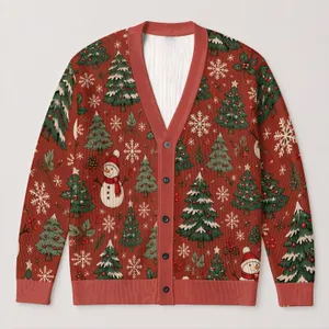 Christmas Snowmen and Evergreen Trees for Festive Holiday Layering for Women at Gatherings All-over Print Knitted Cardigan