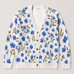 Blue Floral Boho Layering Top for Spring Vacations and Everyday Resort Style Wear All-over Print Knitted Cardigan