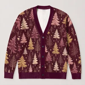 Pink Gold Pine Trees for Cozy Holiday Layering and Festive Winter Wardrobe Style All-over Print Knitted Cardigan