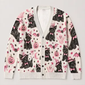 Pink Halloween Dogs And Bats For Cozy Autumn Celebrations, Women And Pet Lovers All-over Print Knitted Cardigan