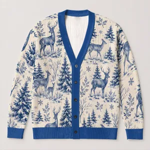 Blue Deer And Pine Forest Winter Scene For Holiday Gatherings And Cozy Women’s Style All-over Print Knitted Cardigan