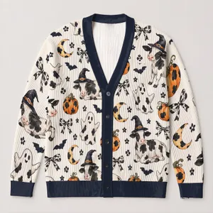 Halloween Cow Witch Hat Bats And Pumpkins For Cozy Autumn Party And Farmhouse Style All-over Print Knitted Cardigan