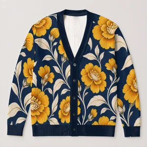 Golden Wildflower Botanical Motifs for Everyday Bohemian Layering and Holiday Style All-over Print Knitted Cardigan