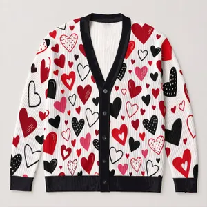 Red Black Heart Motif For Valentine's Day Layering And Everyday Love Style For Women All-over Print Knitted Cardigan