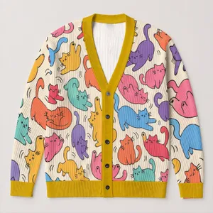 Colorful Cat Motifs for Cozy Vacation Layering, Playful Everyday Style for Women Gift All-over Print Knitted Cardigan