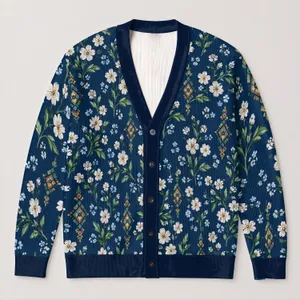 Navy White Wildflower Garden for Casual Spring Travel and Everyday Layering Women All-over Print Knitted Cardigan