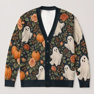 Ghost Pumpkin Rose Halloween Botanical Layering Style for Women and Autumn Gatherings All-over Print Knitted Cardigan