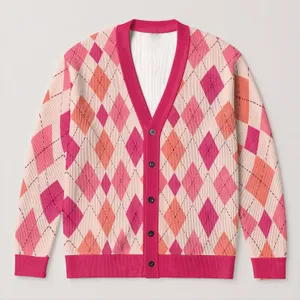 Pink Argyle Diamonds for Cozy Holiday Layering and Everyday Office Style for Women All-over Print Knitted Cardigan