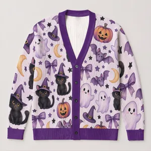 Purple Halloween Ghosts, Black Cats and Pumpkins for Cozy Autumn Layering Women All-over Print Knitted Cardigan