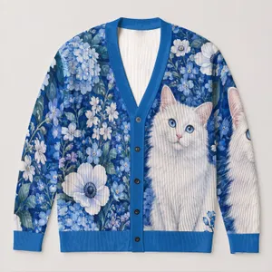 Blue Floral White Cat Scene For Cozy Autumn Layering And Everyday Wear All-over Print Knitted Cardigan