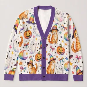 Rainbow Halloween Cats, Ghosts And Pumpkins For Cozy Fall Layering, Parties And Gifts All-over Print Knitted Cardigan