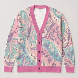 Dreamy Pastel Butterfly Boho Layer For Beach Vacations And Summer Dates Plus Size All-over Print Knitted Cardigan