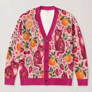 Playful Pink Cats And Citrus Fruit For Cheerful Everyday Layering And Weekend Style All-over Print Knitted Cardigan