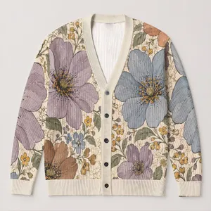 Colorful Hand-Drawn Flowers for Beach Vacations and Everyday Layering, Plus Size Women All-over Print Knitted Cardigan