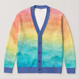 Pastel Rainbow Gradient Stripes for Spring Vacation Layering, Plus Size Women's Style All-over Print Knitted Cardigan