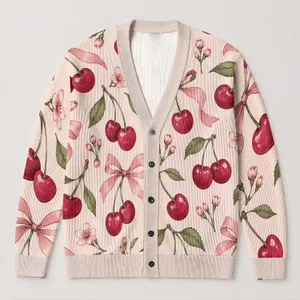 Pink Cherry Bow Motif for Romantic Autumn Outfits, Vacation Days, and Date Nights All-over Print Knitted Cardigan