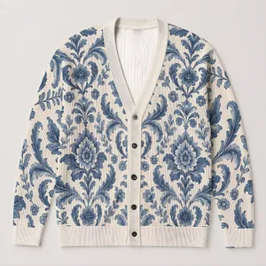 Blue Damask Florals For Elegant Spring Layering, Vacation Style And Garden Parties All-over Print Knitted Cardigan