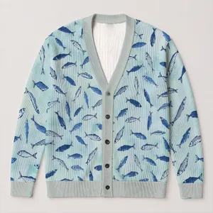 Navy Blue Fish Motif for Coastal Vacation Layering and Autumn Outfits, Women's Style All-over Print Knitted Cardigan