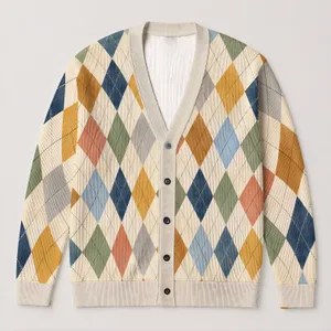 Colorful Argyle Diamonds for Autumn Layering and Casual Office Style for Modern Women All-over Print Knitted Cardigan