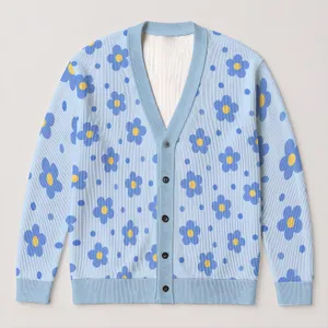 Light Blue Flowers and Dots for Spring Vacation Style, Relaxed Everyday Layering for Women All-over Print Knitted Cardigan