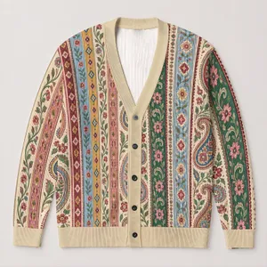 Vintage Paisley Floral Stripes for Autumn Layering, Colorful Bohemian Women's Style All-over Print Knitted Cardigan