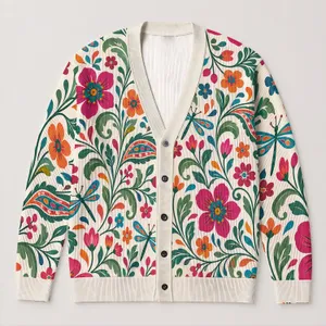 Colorful Floral Dragonfly Motifs for Spring Layering and Plus Size Women’s Daily Style All-over Print Knitted Cardigan