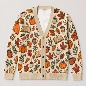 Autumn Pumpkin Coffee Cup Leaves And Books For Cozy Weekend Layering Style For Women All-over Print Knitted Cardigan