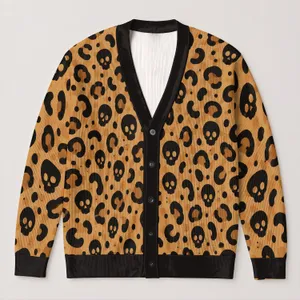 Black Skull And Leopard Motifs For Autumn Layering, Casual Vacation Style For Women All-over Print Knitted Cardigan