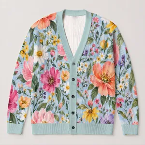 Light Blue Floral Garden for Relaxed Spring Layering, Vacation Days, and Date Nights All-over Print Knitted Cardigan