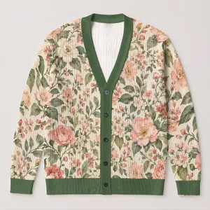 Pastel Floral Botanical Blooms for Spring Outings and Relaxed Everyday Layering Women All-over Print Knitted Cardigan