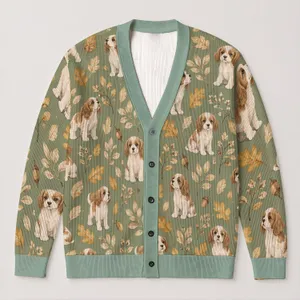 Adorable Puppy Dogs Golden Leaves Sage Green Spring Layering Gift For Dog Lovers All-over Print Knitted Cardigan