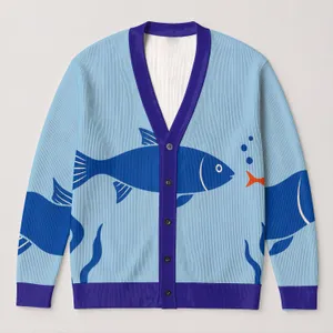 Blue Fish Ocean Stripes for Coastal Vacation Layering and Relaxed Everyday Style Women All-over Print Knitted Cardigan