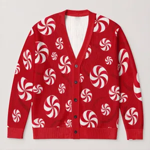 Red Peppermint Candy Swirls for Festive Holiday Layering and Everyday Winter Cheer All-over Print Knitted Cardigan