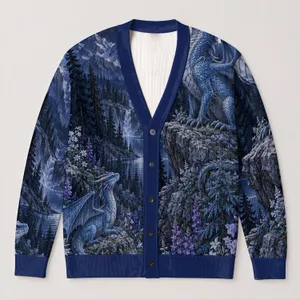 Blue Dragon Moonlit Wildflower Scene For Gothic Autumn Layering And Fantasy Lovers All-over Print Knitted Cardigan