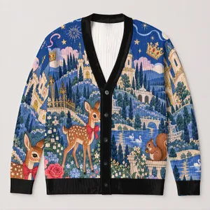 Fairytale Castle and Deer Gift For Her, Whimsical Everyday Layering For Storybook Fans All-over Print Knitted Cardigan