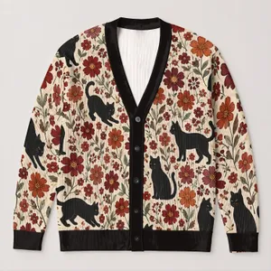 Black Cat And Wildflower Motifs For Cozy Everyday Layering, Gifts For Cat Lovers At Home All-over Print Knitted Cardigan