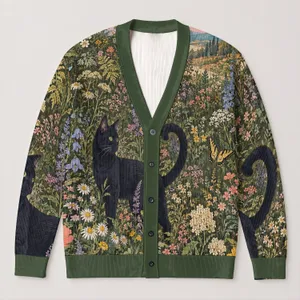 Pastel Cat Meadow for Spring Beach Layering and Casual Dates, Women's Bohemian Style All-over Print Knitted Cardigan