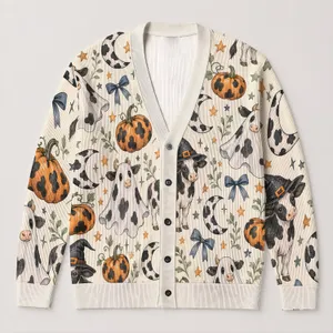 Spotted Cow Ghosts, Witch Hats And Pumpkin Moons For Playful Halloween Layering Outfits All-over Print Knitted Cardigan