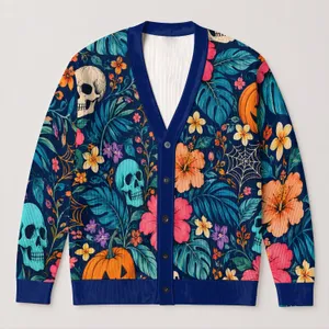 Spooky Pumpkin Skull Floral Motifs For Halloween Parties And Cozy Fall Style Women All-over Print Knitted Cardigan