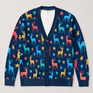 Colorful Reindeer And Star Holiday Motif For Cozy Winter Outfits For Women Plus Size All-over Print Knitted Cardigan