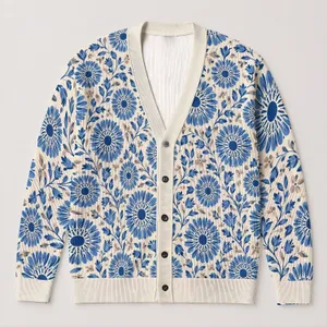 Blue Floral Boho Layering for Beach Vacations and Dates, Women's Easygoing Style All-over Print Knitted Cardigan